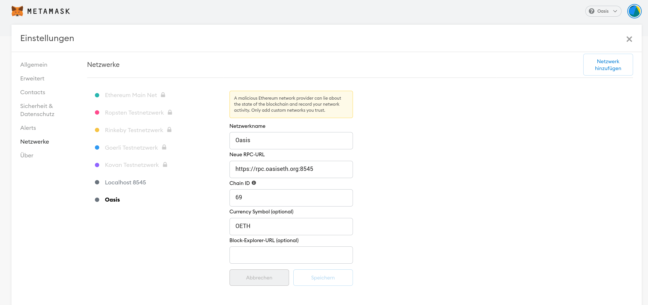 Metamask settings overview