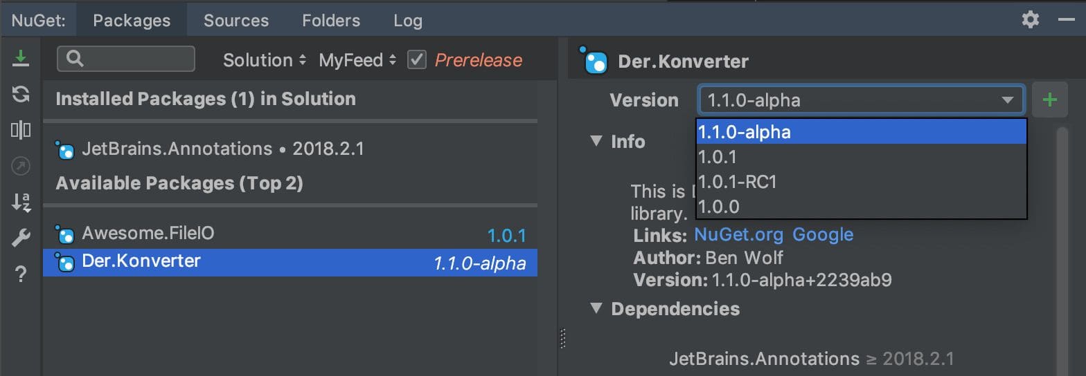 Übersicht über installierte und verfügbare NuGet-Pakete inklusive Prerelease-Versionen (Bild 2)