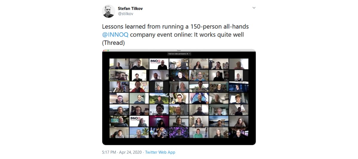 Lessons learned from running a 150-person all-hands @INNOQ
    company event online: It works quite well (Thread)