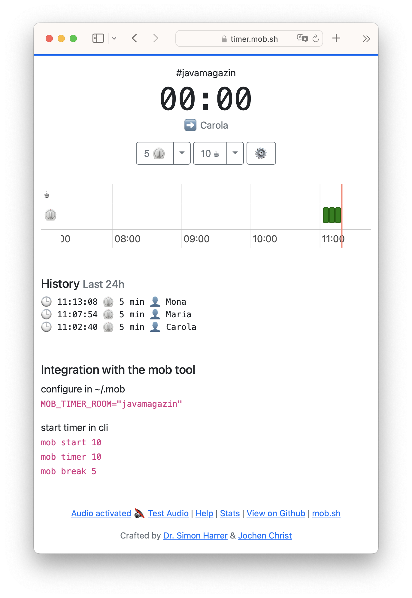 Fig. 3: Screenshot of Mob Timer showing how the time is counted down, including the history.