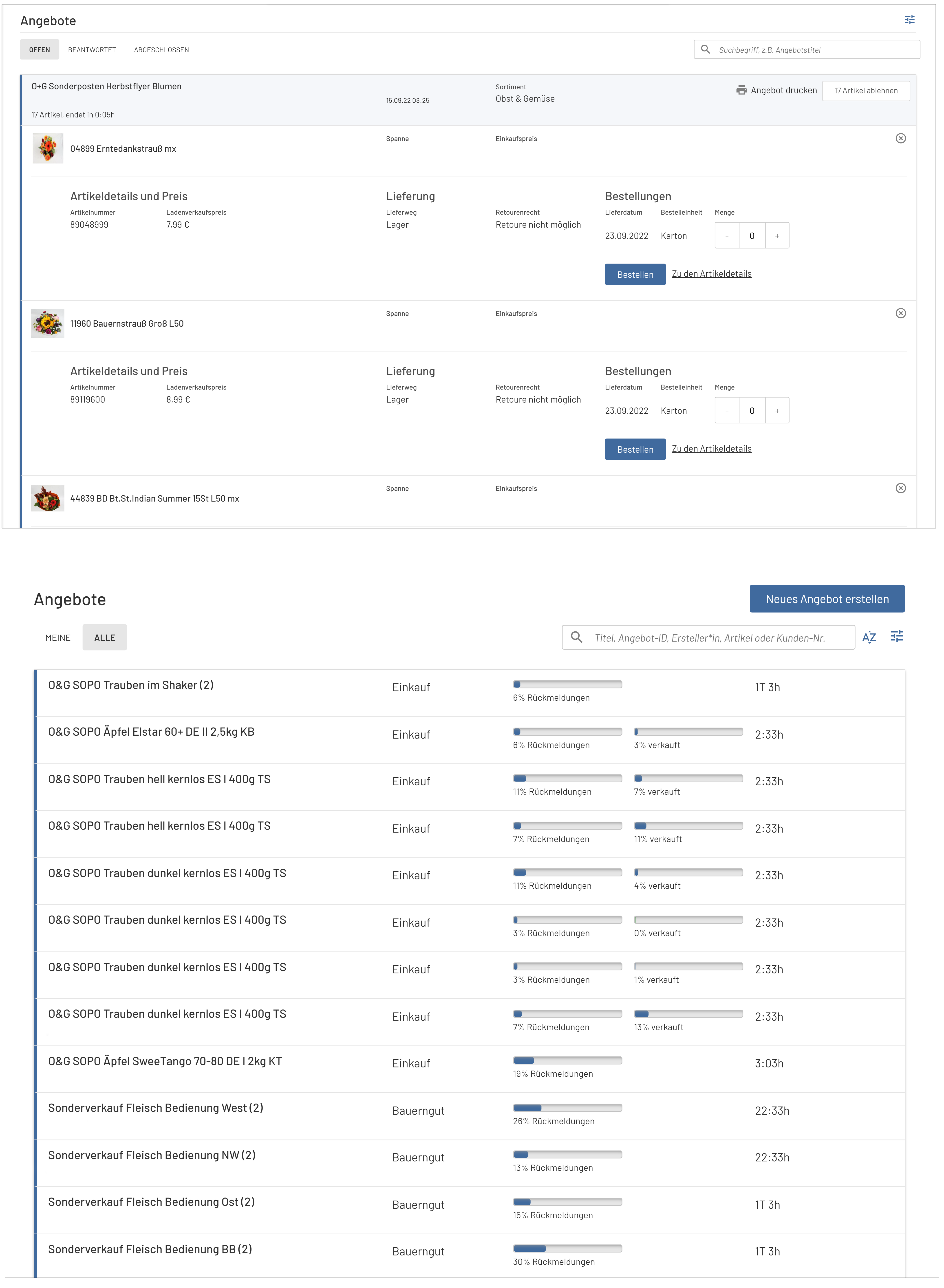 Marketplace: Wholesale configures products (below), which can be accessed and ordered by the stores (above).