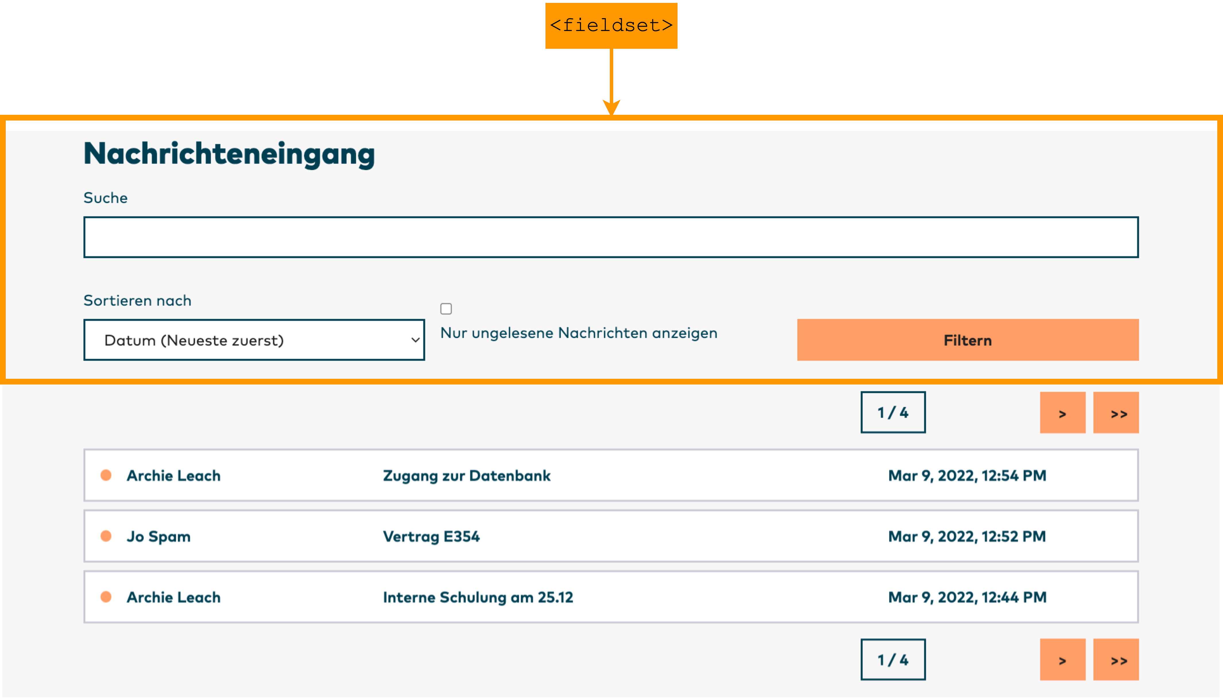 <fieldset> is used to group the filtering options semantically.