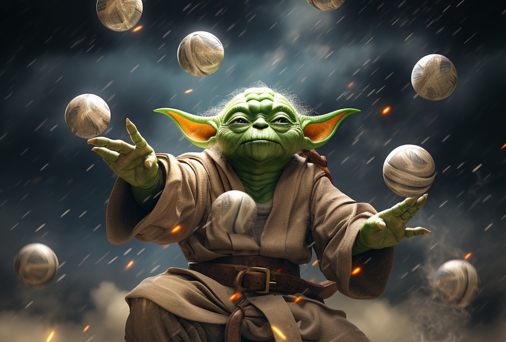 Figure 2: Yoda juggles many objects in the rain, generated with midjourney