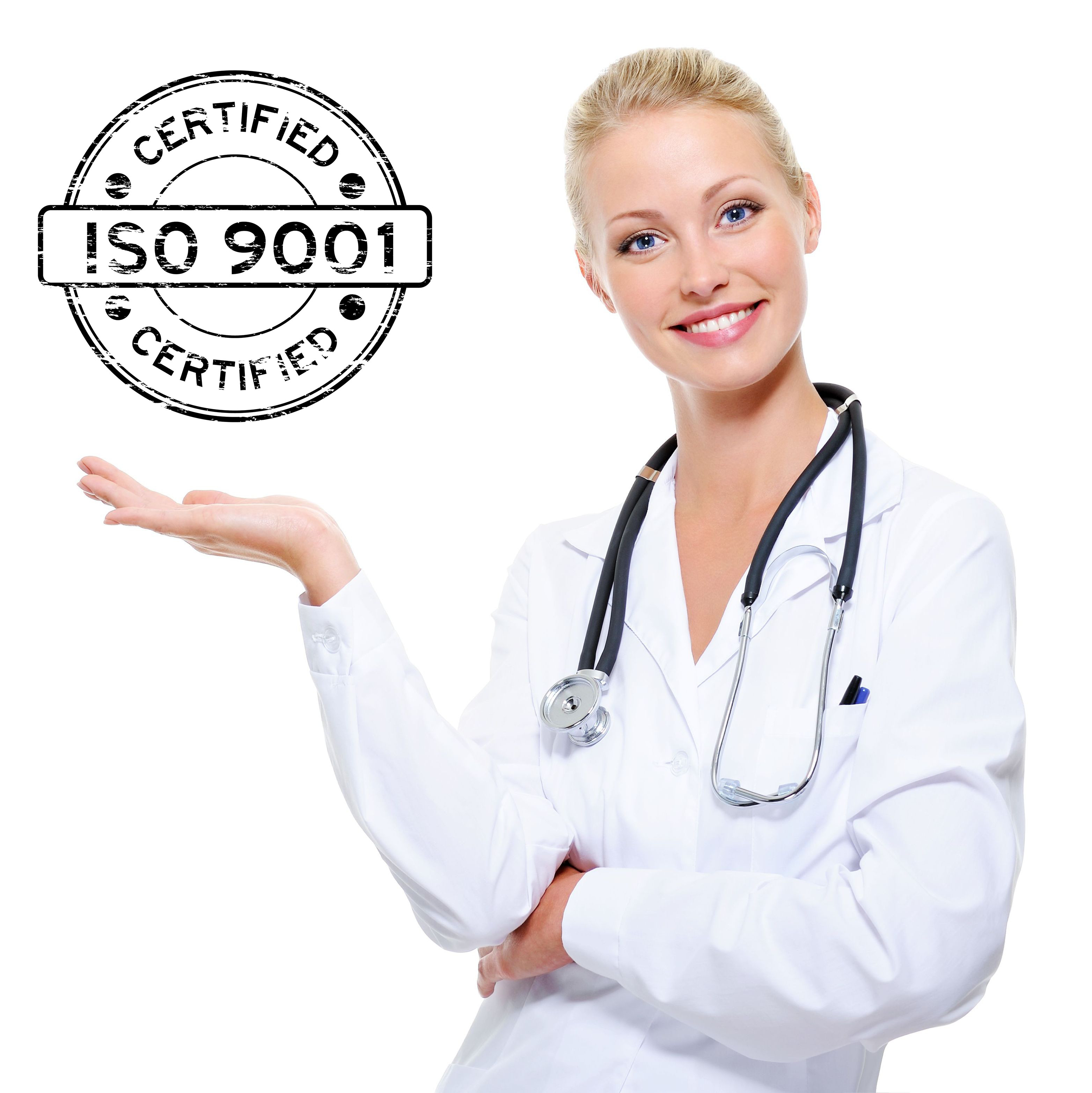 Ärztin mit DIN ISO 9001 Logo