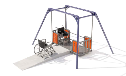 Columpio incluyente de sistema oscilatorio, para dos sillas de ruedas.