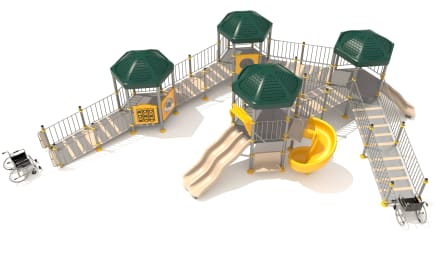 Isla de juegos tipo playground para niños y niños con silla de ruedas.