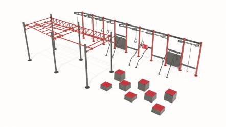 Entrenamiento crossfit de alta intensidad, con bancos y módulo de pasamanos.