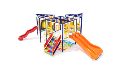 Juego modular tipo playground con resbaladillas y tubos conectores.