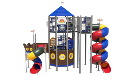 Juego tipo playground en forma de castillo con toboganes de espiral.