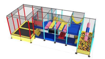 Juego modular para interior con trampolines y alberca de pelotas.