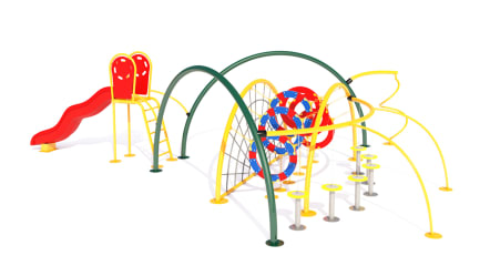 Isla de juegos curva tipo playground con escaladores.