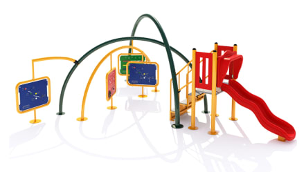 Juego tipo playground con paneles didácticos y resbaladilla.