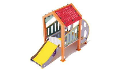 Juego tipo playground en forma de casita con resbaladilla.