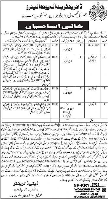 Directorate of Youth Affairs vacancy advertisement 2026, Sindh government job positions