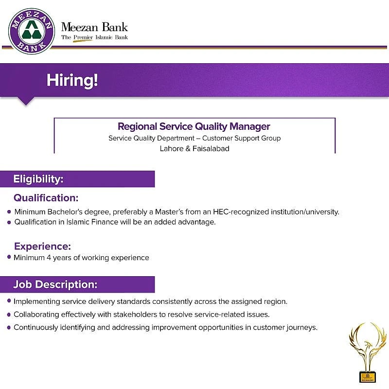meezan bank job advertisement, regional service quality manager vacancy