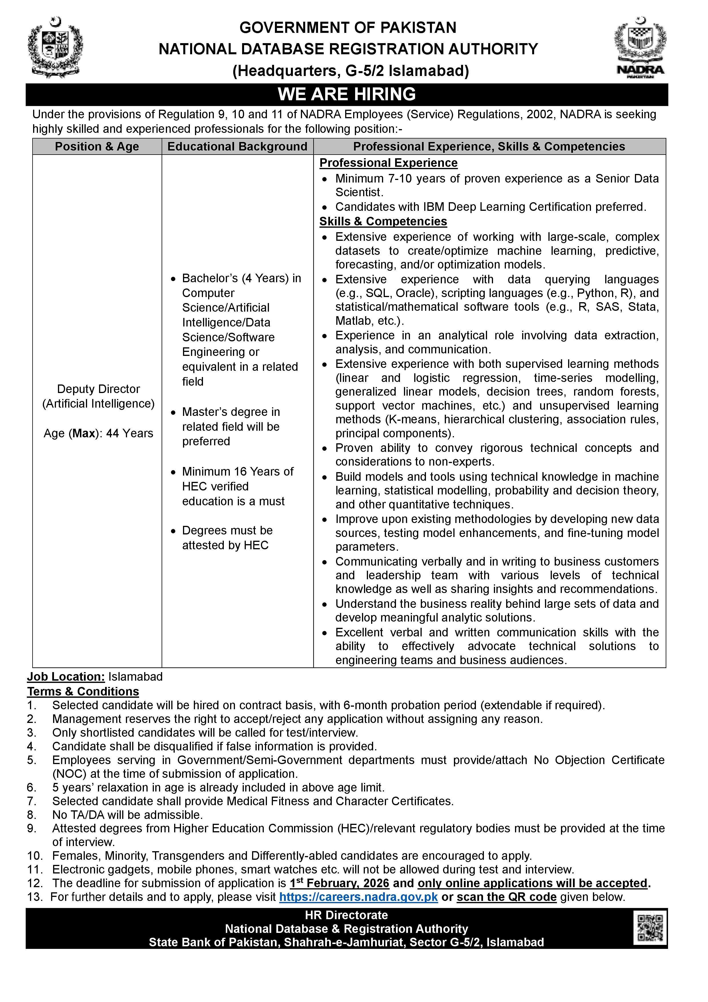 nadra office islamabad, deputy director artificial intelligence vacancy 2026