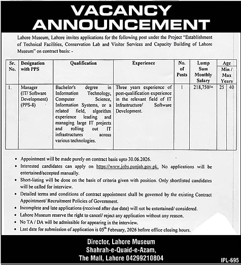 Lahore Museum IT Manager Job Advertisement February 2026
