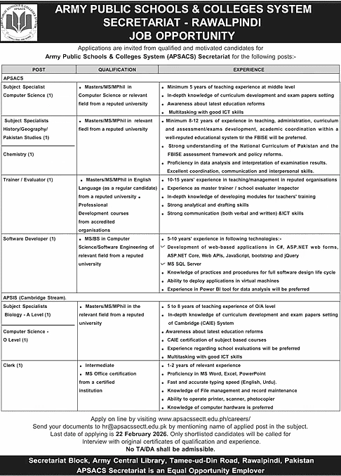 army public schools colleges system apsacs rawalpindi job advertisement