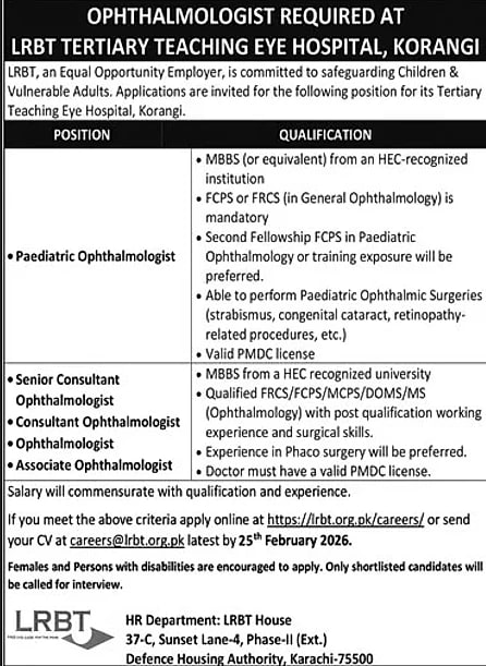 LRBT Ophthalmologist job advertisement