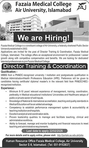 Fazaia Medical College hiring director training coordinator