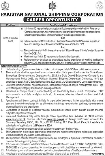 pnsc vacancy announcement, head of internal audit position