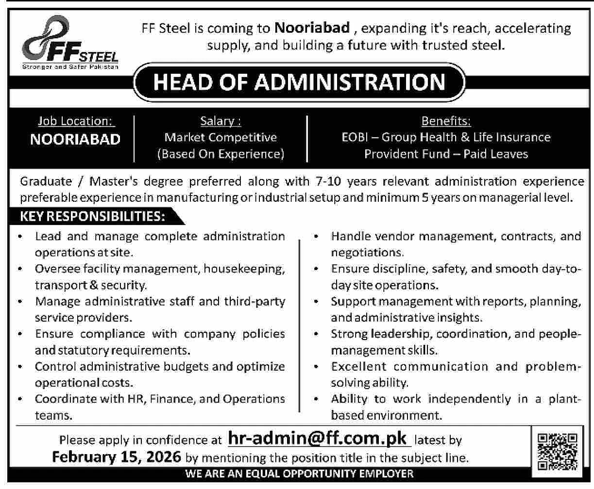 ff steel head of administration job advertisement nooriabad