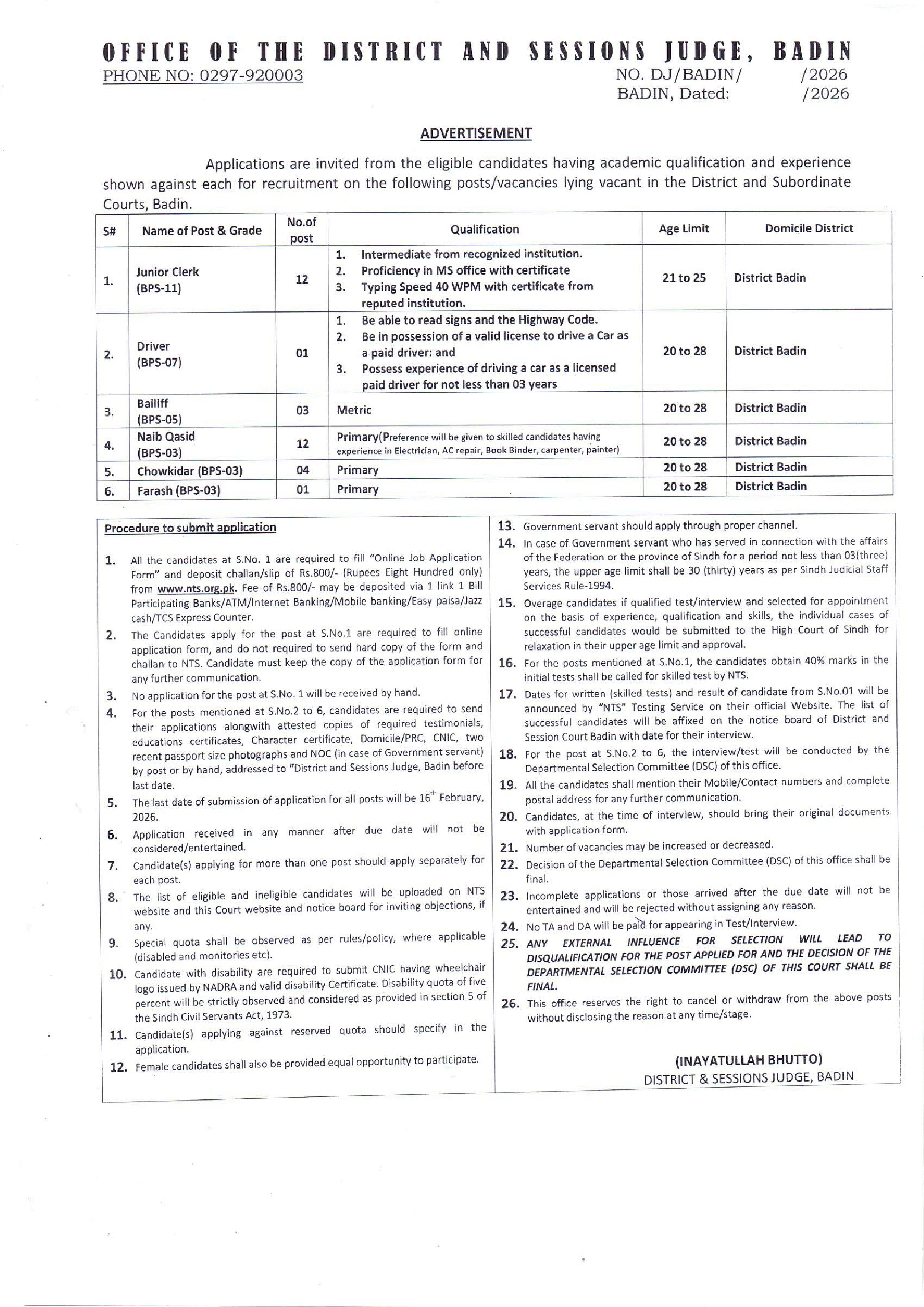 district and sessions judge badin advertisement
