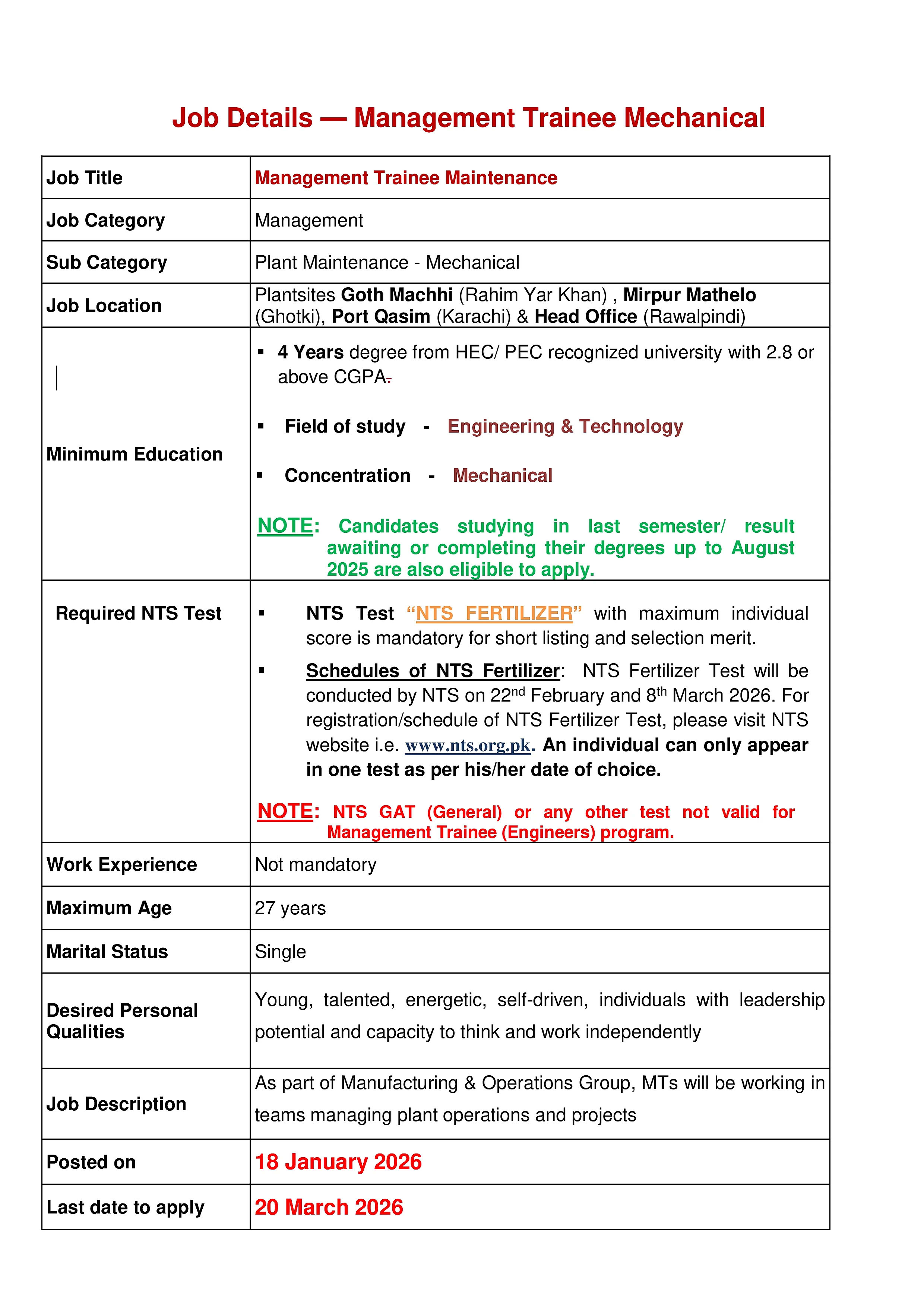 management trainee mechanical vacancy, plant maintenance job