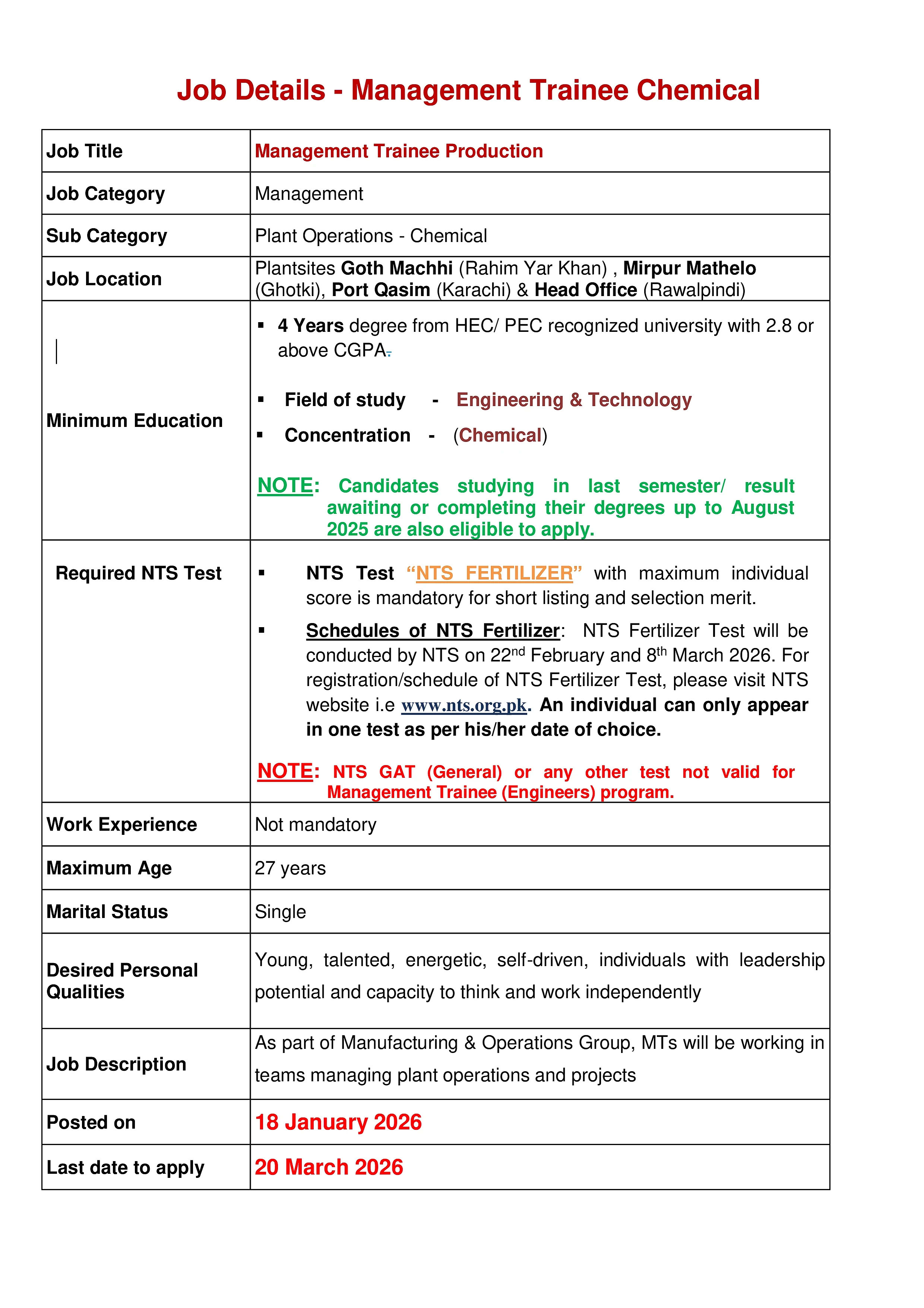 management trainee chemical job vacancy, trainee position advertisement