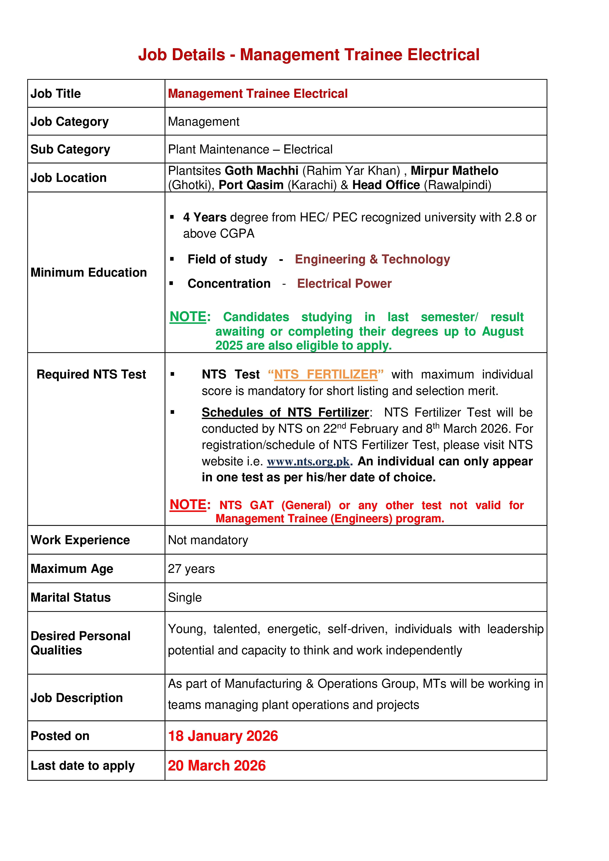 management trainee electrical job advertisement, engineering career opportunity pakistan