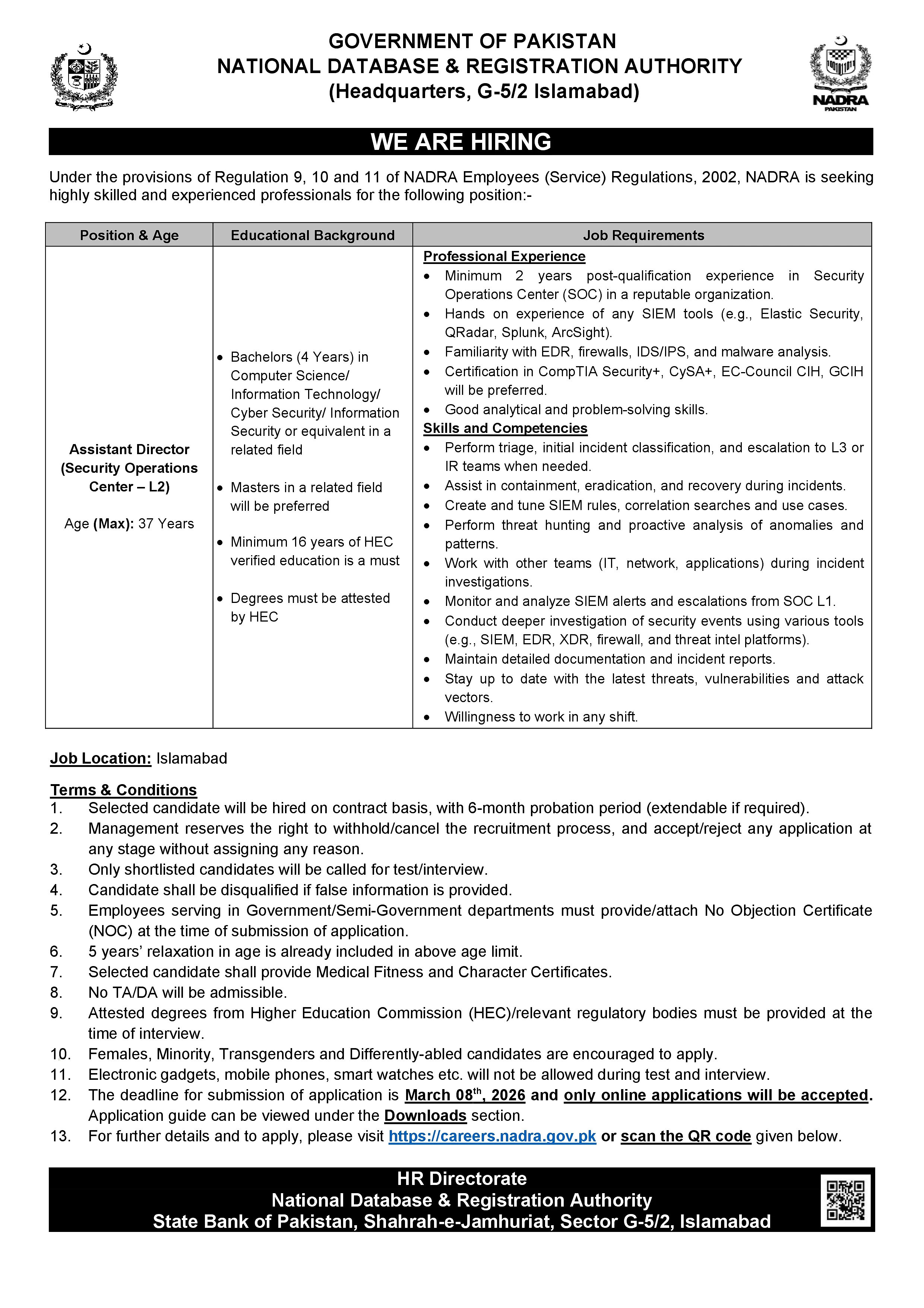 nadra assistant director vacancy islamabad, government sector security operations center position