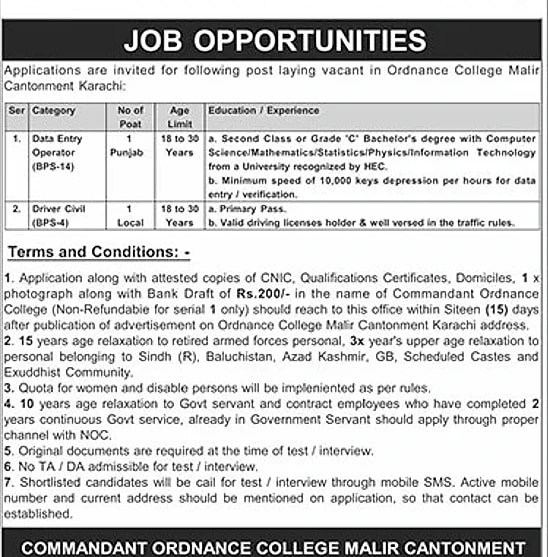 ordnance college vacancy advertisement, karachi government jobs