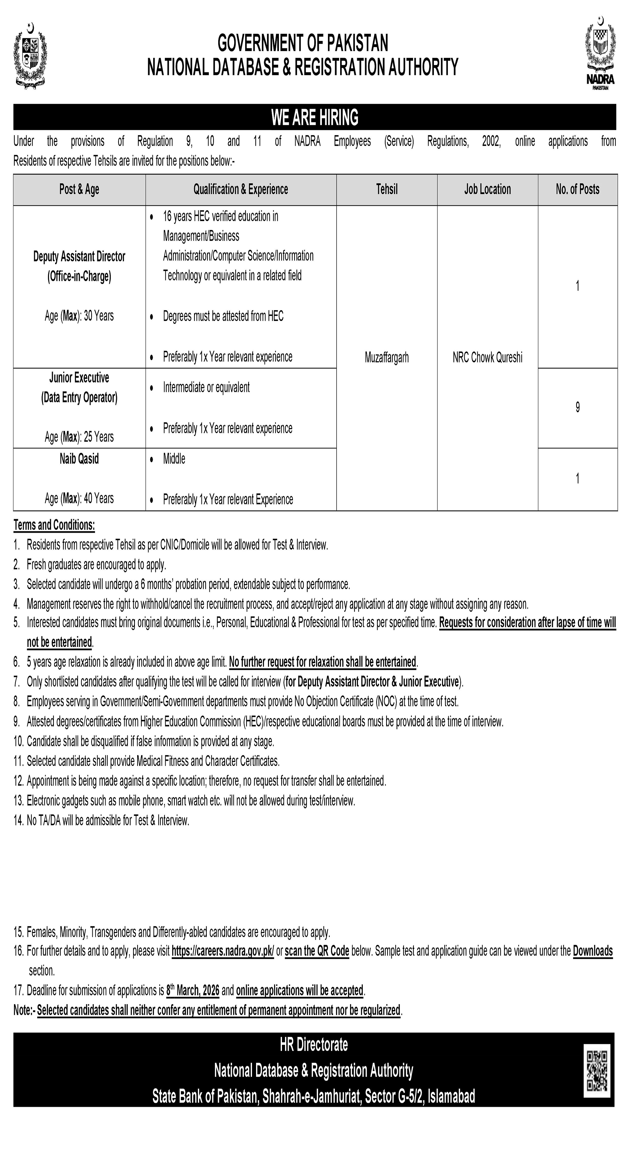 NADRA Vacancy Advertisement for Muzaffargarh 2026