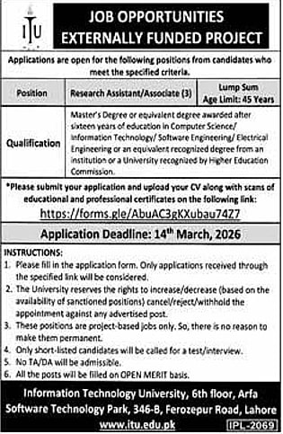 information technology university lahore recruitment, research assistant positions itu