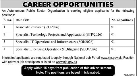 autonomous public sector organization job advertisement, specialist positions vacancy