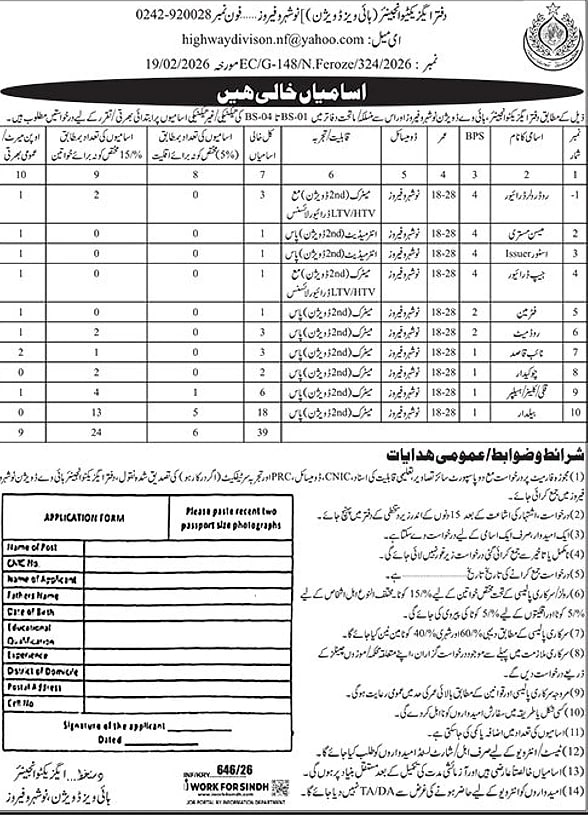 highway division naushahro feroze job vacancies, driver jobs advertisement
