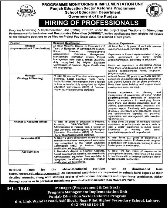pmiu pesrp job advertisement 2026, lahore vacancy announcement
