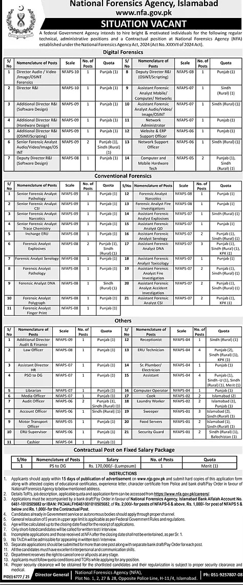 National Forensics Agency NFA Islamabad job vacancy advertisement