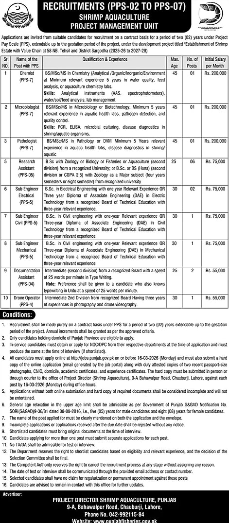 shrimp aquaculture project sargodha jobs, punjab government recruitment