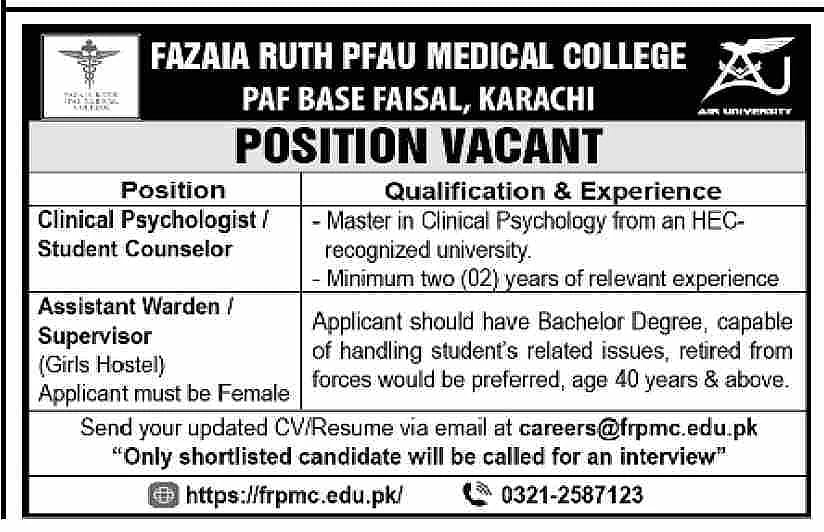 fazaia ruth pfau medical college job advertisement, karachi opening