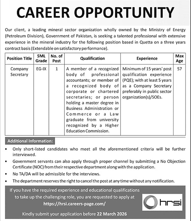 HRSI Company Secretary Job Advertisement Quetta 2026