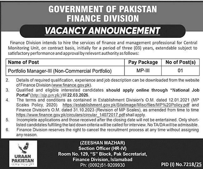 Finance Division Portfolio Manager Job Advertisement Islamabad 2026