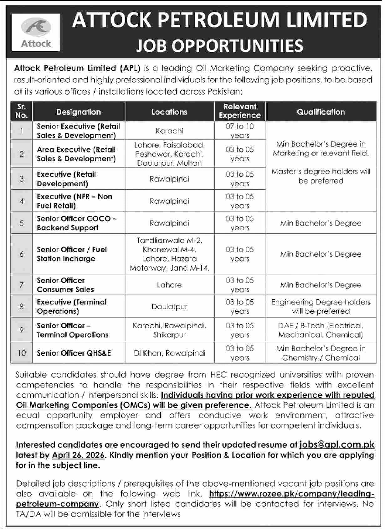 Petroleum Jobs Pakistan 2026 - APL 10 Latest Vacancies