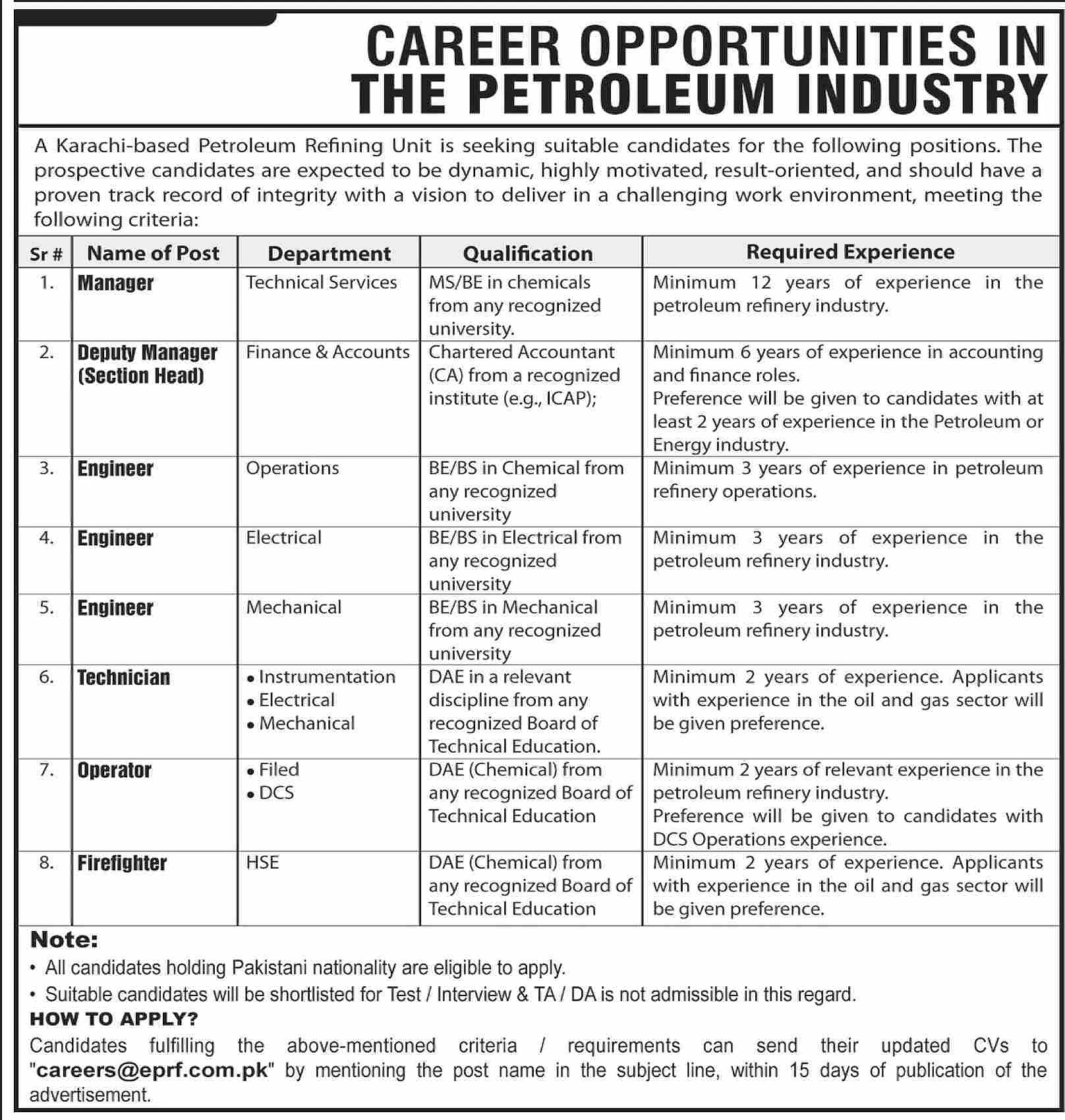 Petroleum refining unit job advertisement, engineer and operator positions, Karachi refinery careers