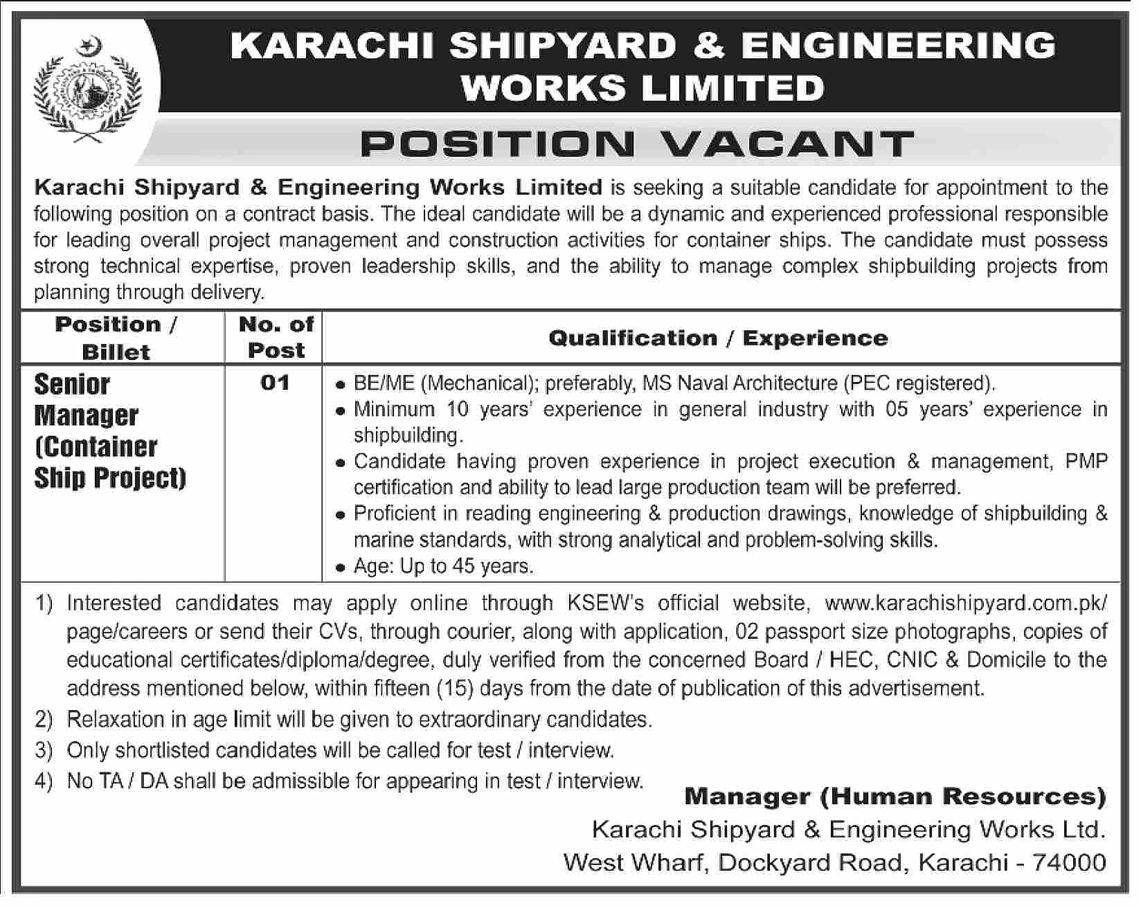 karachi shipyard engineering works limited senior manager job advertisement, container ship project recruitment