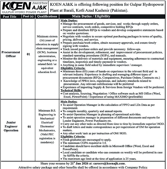 koen aj&k hydropower plant jobs advertisement