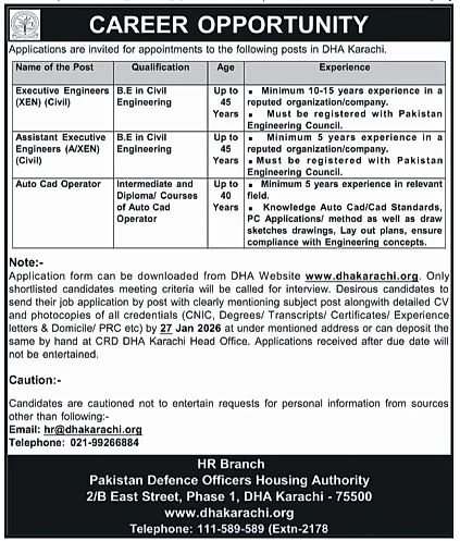 dha karachi defence authority jobs advertisement