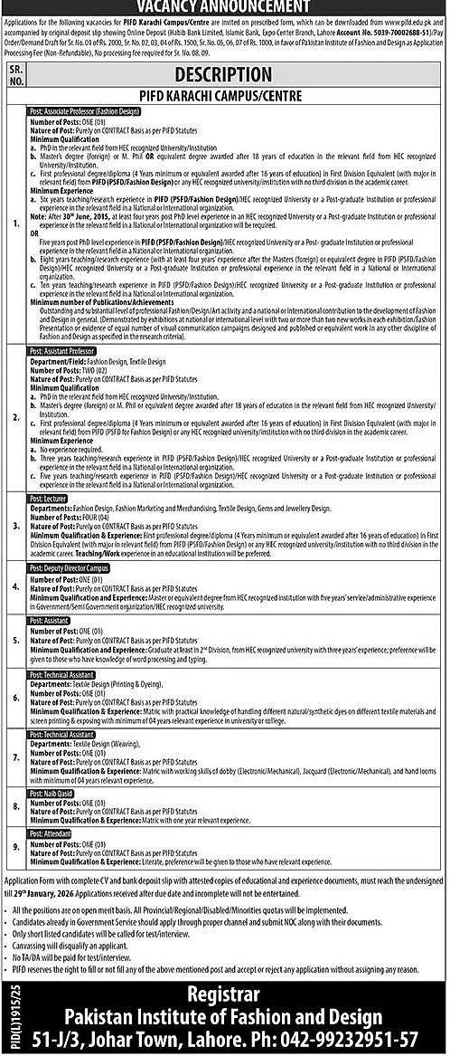 Pakistan Institute of Fashion and Design job vacancy advertisement