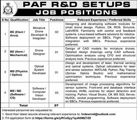 PAF R&D SETUPS drone developer jobs recruitment advertisement