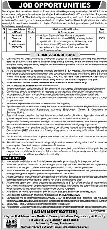 kp-mtra assistant director job peshawar 2026, khyber pakhtunkhwa jobs